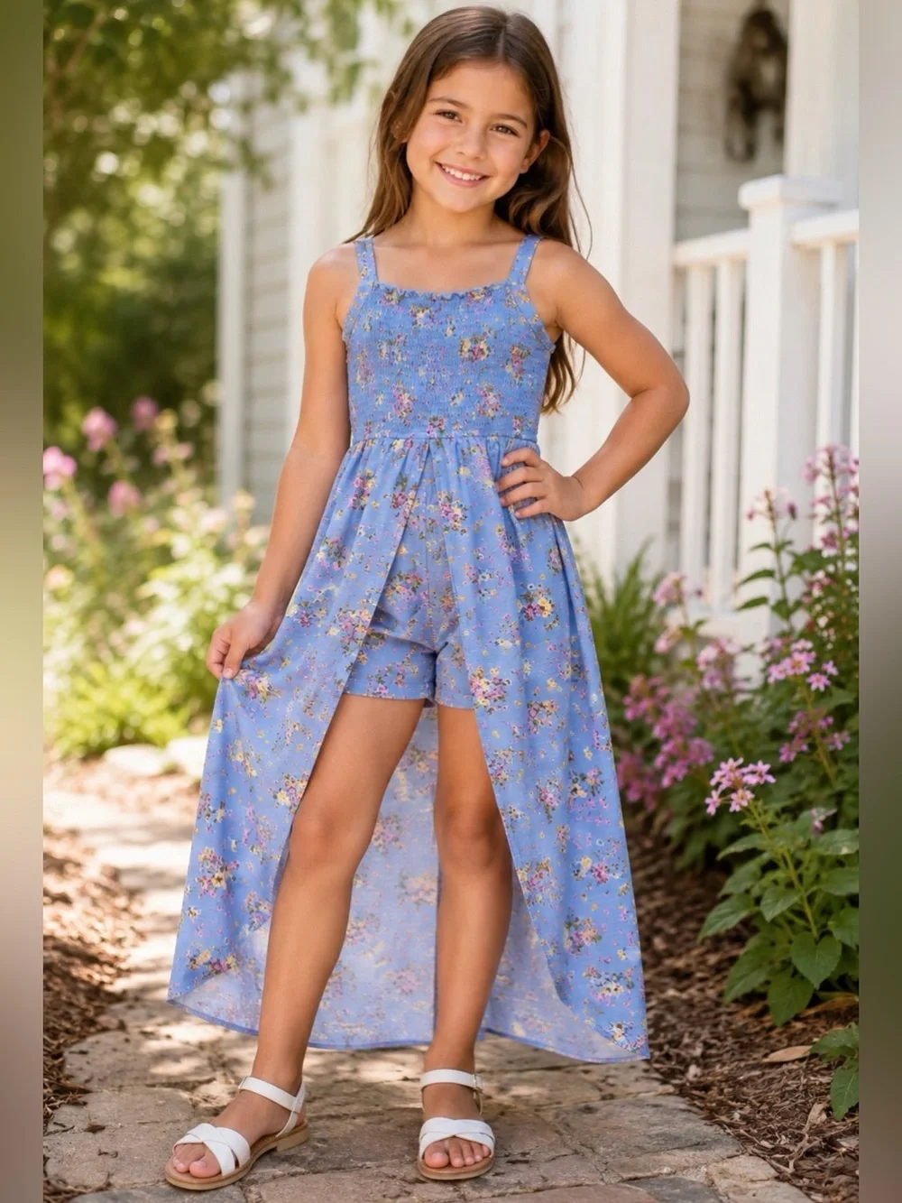 art class Blue Floral Smocked High-Low Romper
